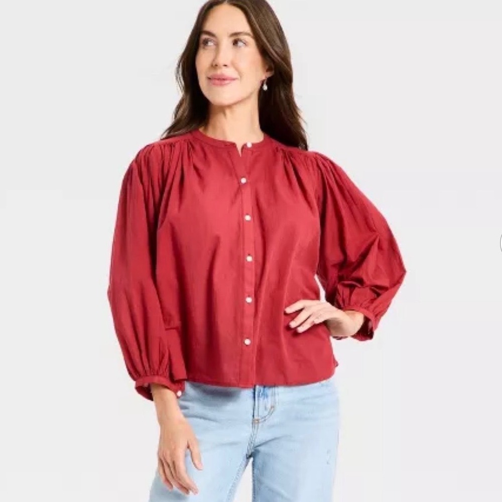 Puff Long Sleeve Banded Collar Neck Blouse Universal Thread Cottagecore  XL NWT - Picture 2 of 13